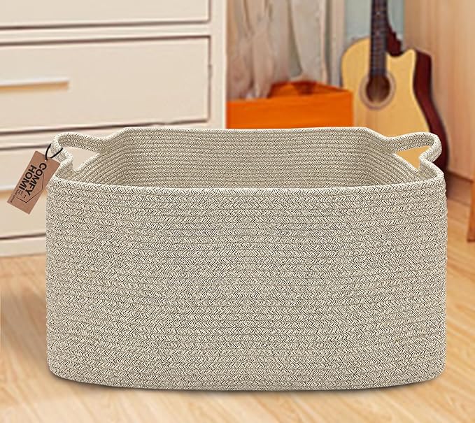 COMFY-HOMI Large Rectangular Blanket, Cotton Rope Woven for Storage, LaundryHamper, Storage,Toy Organizing Bin with Handle, Organizer and Storage-22x15x12-