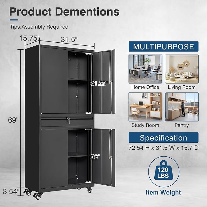 Black Metal Storage Cabinet with Wheels, 73" Tall Garage Rolling Storage Cabinets with Doors and Shelves, Lockable Tool Caninet Steel Locking Cabnets for Home Office, Garage, Pantry