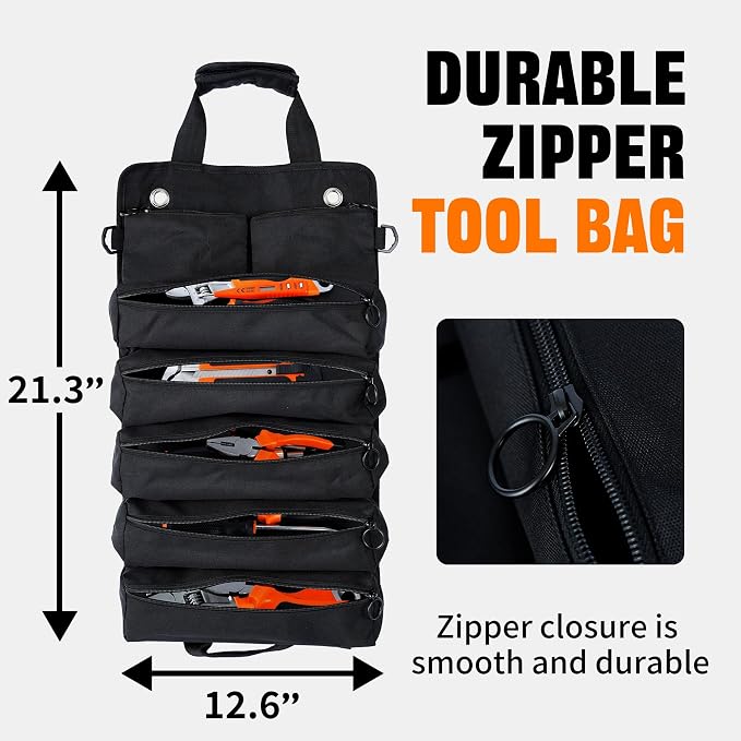 Portable Foldable Roll Up Tool Bag, Heavy Duty Tool Organizer Bag with 5 Compartments & 2 Detachable Pouches for Tools Storage, Waterproof Tool Roll Bag for Dad Men Electrician Mechanic Gifts