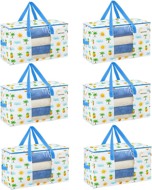 VENO Moving Bags, Wide Open Top, Clear Window, Tropical Island, 6 Pack | Moving boxes Alternative, Heavy Duty, Storage Bags, Clothes and Comforter Storage, Packing Supplies, College Dorm Essentials