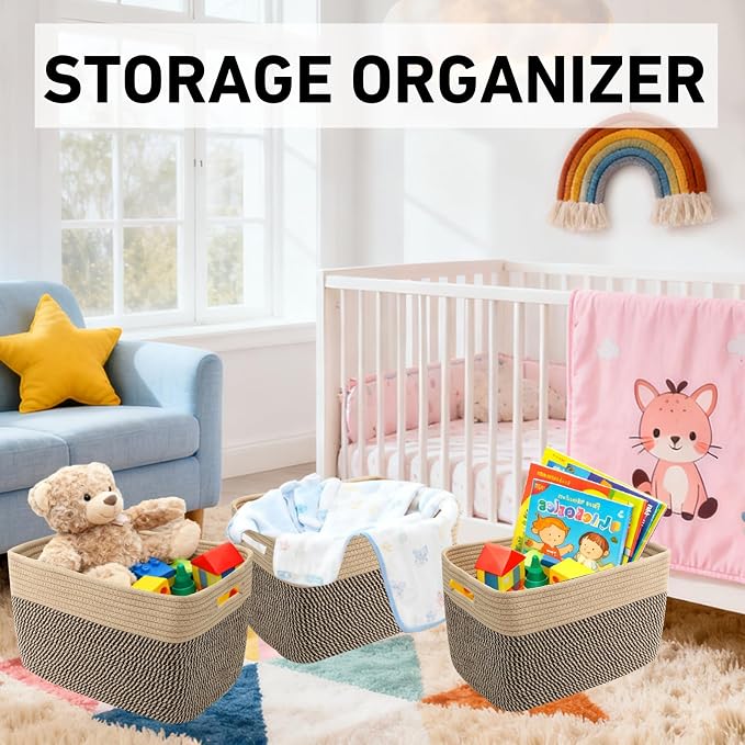 3 Pack Woven Baskets,Storage Baskets for Shelves with Handles | 13.5"×11"×9.5", Closet Baskets, Nursery Organizer for Toys Towels Books, Storage Bin for Living Room Bedroom (Jute & Black)