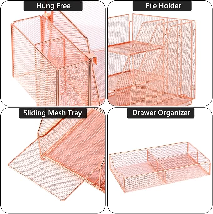 Topwey Rose Gold Desk Accessories, Office Supplies Desk Organizer Caddy with Sliding Drawer, Double Tray, File Organizer and pen holder for Home, Office School