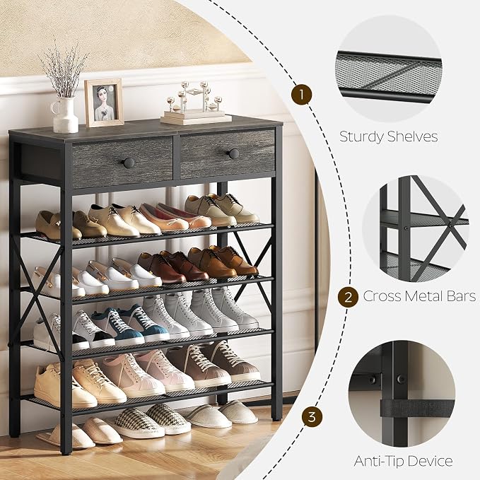 5 Tier Shoe Rack, Large Capacity Shoe Storage Organizer, Metal Shoe Shelf with Drawer and Wooden Top, for 20 Pairs of Shoes, for Entryway, Closet, Charcoal and Black SS25BCY1