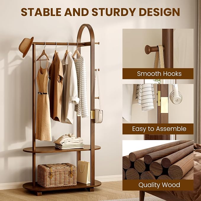 31.5" Wide 3-in-1 Freestanding Clothing Rack,Wooden Coat Rack with 2 Shelves and 6 Hooks,Solid Rubber Wood Coat Rack with Shelves for Entryway, Bedroom, Living Room, Walnut