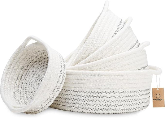 NaturalCozy 5-Piece Round Woven Cotton Rope Storage Baskets for Organizing, Small Shallow Nesting Set for Montessori Toys, Entryway Catchall, Fruit Bowl, Key Tray, Remote Holder, Nursery & Pet Toys