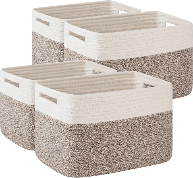 OIAHOMY 4 Pack Storage Basket, 13"x9"x7.8" Cotton Rope Baskets for Shelves, Closet Organizer for Bedroom & Living Room, Soft Decorative Bins for Organizing Towels, Books & Toys, Deep Brown & White