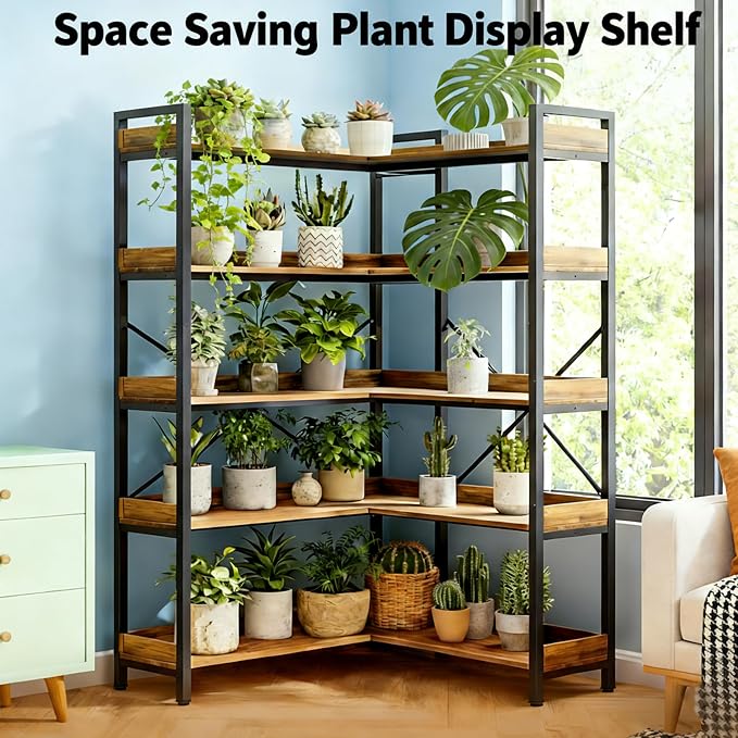 HealSmart 5 Tier L Shape Bookshelf, 65" Corner Bookcase with Hooks and Edge, Industrial Wooden Bookcase with Open Shelves and Metal Frame for Living Room, Bedroom, Home Office, Kitchen, Brown
