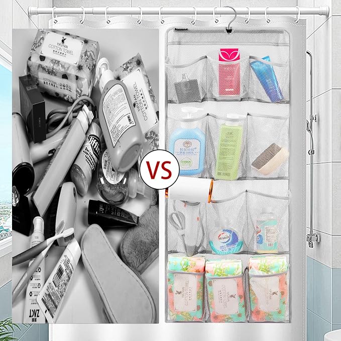 Mesh Shower Organizer Hanging Caddy Quick Dry Bathroom Storage for Toiletry Accessories with Rotating Hanger (12 Pockets)
