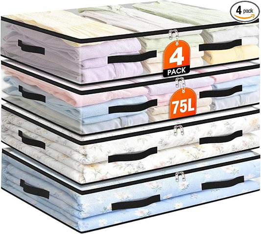 4 Pack Under Bed Storage Bags, 75L Foldable Clear Containers with Handles | Dual Zipper Storage Bins for Comforters, Bedding, Blankets, Closet Organizer for Clothes, Linen Sheets, Sweaters