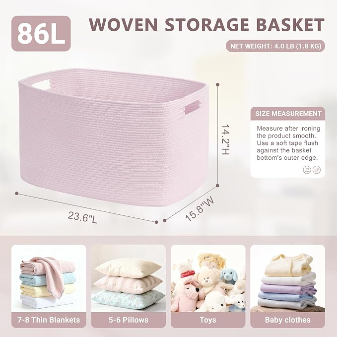 86L Large Woven Laundry Basket Hamper with Handles, Pink | collapsible wicker hamper, storage for dirty clothes, toys, blankets, gifts, living room, bedroom, bathroom, 24"x16"x14"