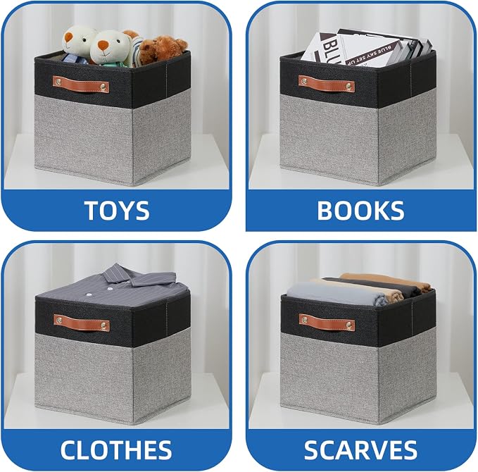 Temary 11 x 11 Cube Storage Bins Fabric Storage Cubes for Shelf, Closet, 4 Pack Cube Basket for Clothes, Storage Cube Bins with Leather Handles(Black&Grey)