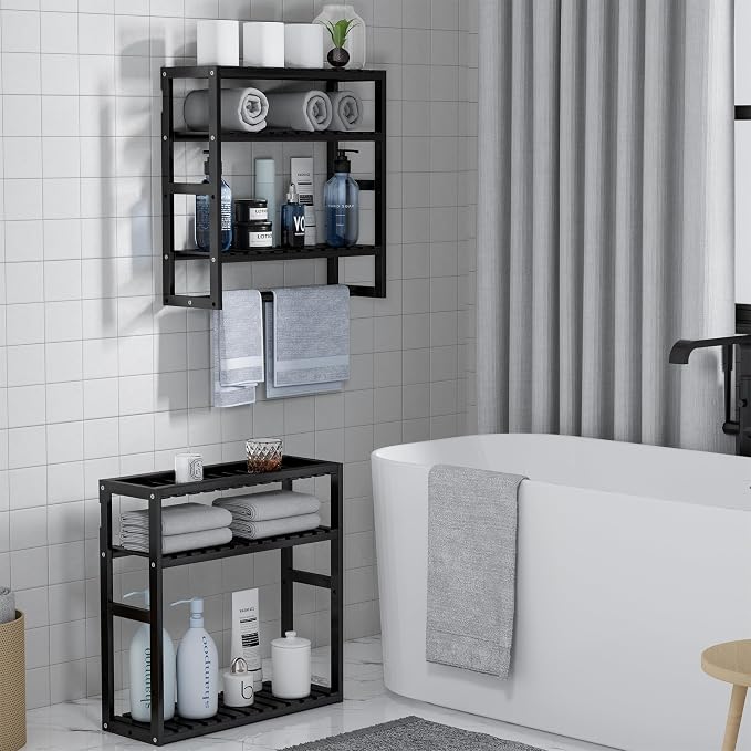 PPN Towel Rack Bathroom Storage Shelves Over The Toilet with Towel Bar 100% Bamboo Adjustable Height Floating Shelf Wall Shower Shelf for Small Space Bathroom Kitchen Multi Usage (Black-2Pack)