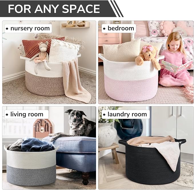INDRESSME XXXLarge Woven Rope Blanket Basket Living Room Black, 90L | 21.7" x 13.8" Storage baskets for toys laundry & pillows. Fits living room, bedroom or nursery décor. Soft-touch with handles