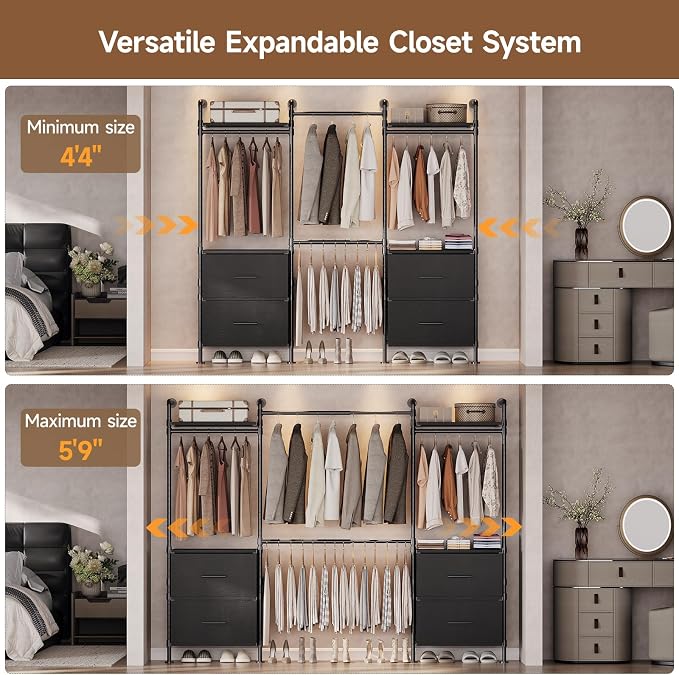 ONBRILL T4 Wall Mounted Closet System, Industrial Pipe Clothing Rack with 8 Wooden Shelves, 4 Drawers & 4 Hanging Rods (2 Expandable), Modular Heavy Duty Closet Organizers and Storage System (Black)