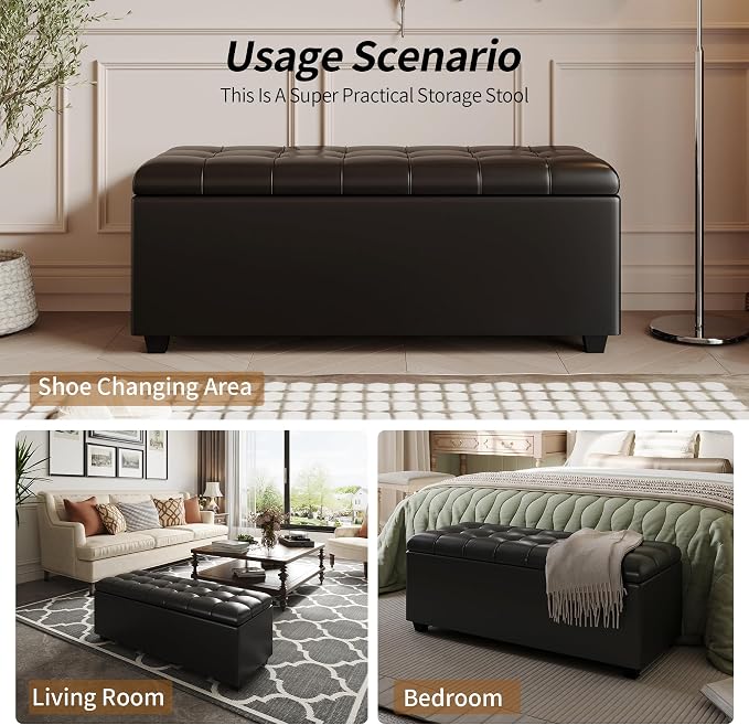 38" Black Faux Leather Storage Ottoman Footrest | Solid wood frame bench, 4-leg easy assembly. Use as end-of-bed, footrest, entryway seat. Hinged hidden storage, multi-use.