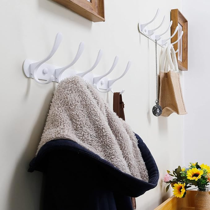 SKOLOO Coat Rack Wall Mount White- Modern, Metal Wall Coat Rack with 5 Hooks, Pack of 2, Sturdy Wall Mounted Coat Hooks for Hanging Coat, Jacket, Clothes, Hats