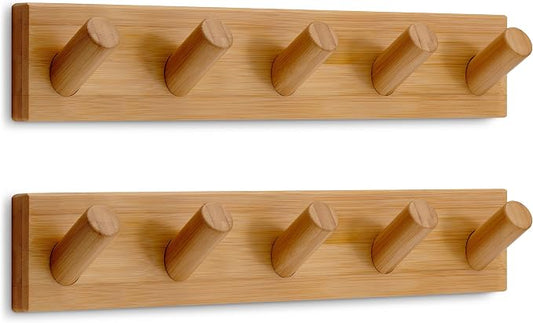 LARHN Wall Mounted Coat Rack with 5 Heavy-Duty 1" Diameter Hooks (2-Pack) | 16.5" - Wooden Wall Hook Rack - Modern Scandinavian Home Decor