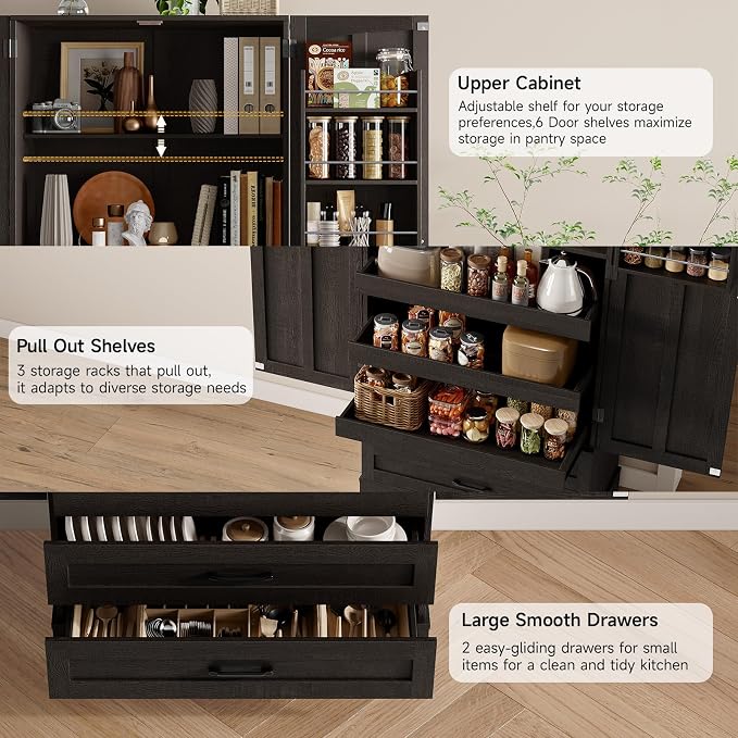 71" Tall Farmhouse Kitchen Pantry Cabinet with 3 Pull Out Shelves & 2 Large Drawers, Pantry Storage Cabinet with 6 Door Shelf & Adjustable Shelf, Freestanding Cupboard for Kitchen, Dining Room