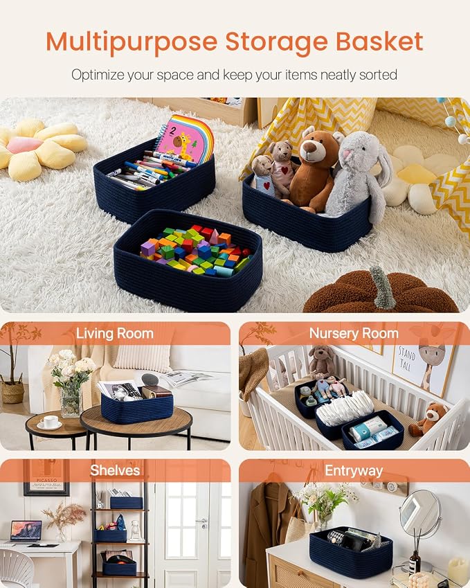 KALLAX Small Woven Storage Basket for Organizing, 13.5x9.5x5 inches, 3 Pack | Shelf baskets for closet organization, toy storage and home decor, Perfect as empty gift baskets for holidays, Navy Blue