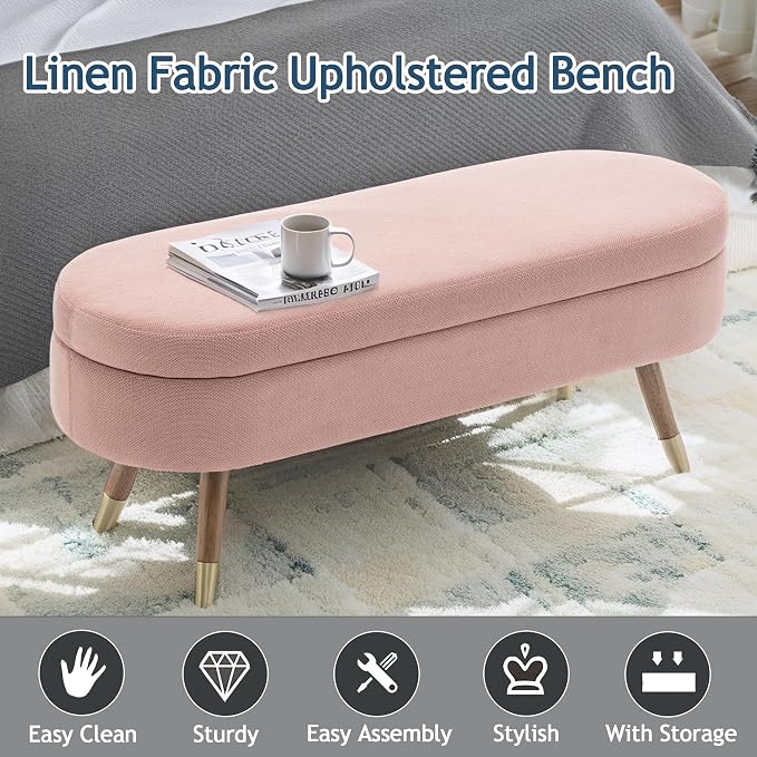 IAFIKE Oval Storage Bench 43.5" Ottoman Bench Upholstered Boucle Fabric Footrest Bench with Golden Metal Legs End of Bed for Bedroom, Living Room, Entryway,Bed Side (Pink)