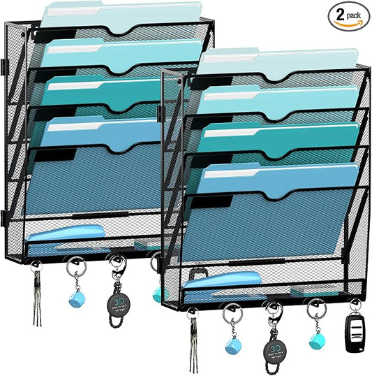 2 Pack 5 Tier Wall File Organizer - Hanging File Organizer with 5 Hooks, Mail Holder Wall Mounted for Papers, Folders, Magazines, Bills, Office&School Organization, Black