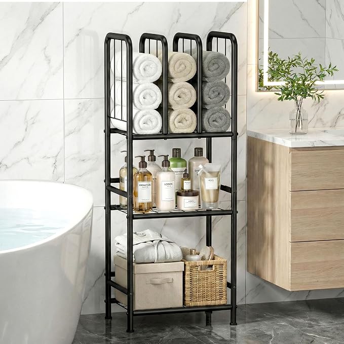 3 Tier Towel Racks for Bathroom with Dividers, Free Standing Metal Towels Holder Stand with Shelf, Towel Storage Organizer Bathroom Shelf, Metal Shelving Unit, Pool Towel Rack, Black