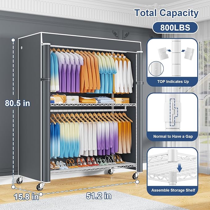 ULIFHOME P8C Max Heavy Duty Clothes Rack（With Extended Width Design） Rolling Clothing Racks for Hanging Clothes with Lockable Wheels，51.2" W x 15.8" D x 80.5" H，Load 800LBS，White Rack with Grey Cover