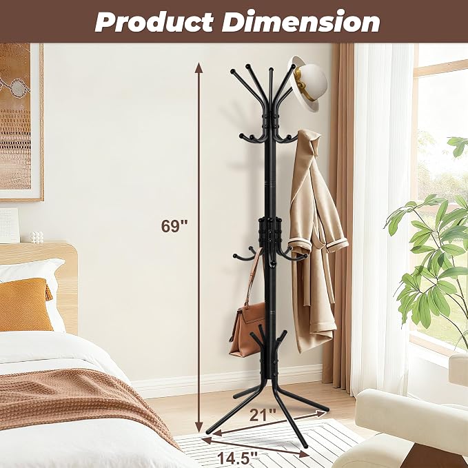 Metal Coat Rack, Freestanding Coat Tree & Hall Tree with 15 Hooks, Sturdy Coat Rack Stand and Hat Rack, Coat Hanger for Entryway, Bedroom, Office for Jackets, Hats, Bags,Black