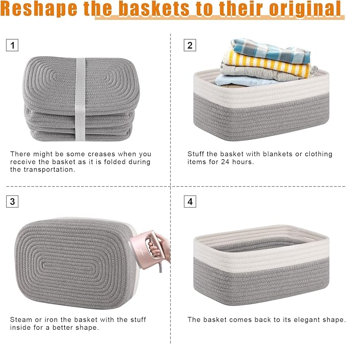 OIAHOMY 4 Pack Storage Baskets for Organizing, Small Bins for Shelves, Cute Decorative Storage Bins, Organizer Baskets for Gifts Empty, 14.2''Lx11''Wx6.3'H, Grey/White