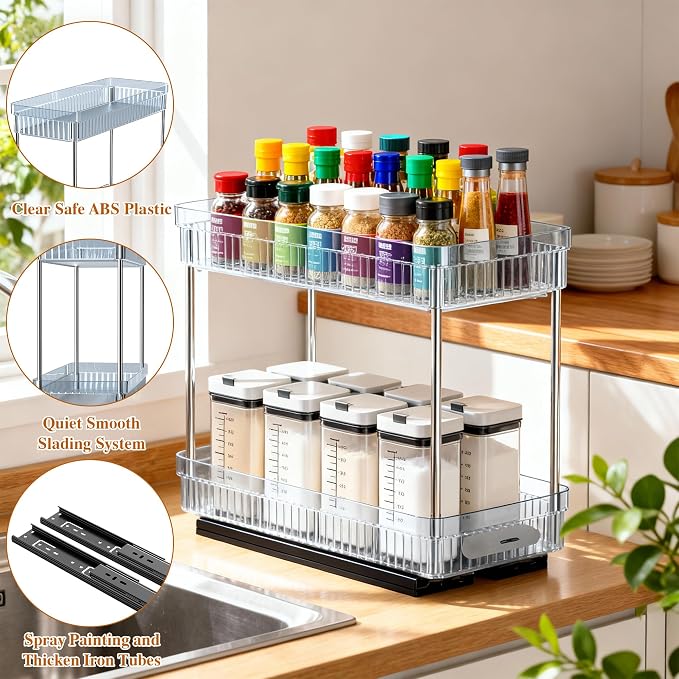 DABIGE 2 Pack Pull Out Spice Rack Organizer for Cabinet, 2 Tier Slide Out Spice Racks Organizer, Spice Cabinet Organizers, Cabinet Size Need:12'' High x 11'' Deep x 5'' Wide, Clear Acrylic