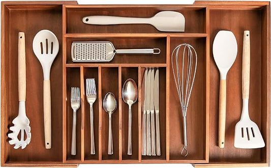 KitchenEdge Silverware & Utensil Drawer Organizer, 16-28 in, Acacia | Cutlery, flatware, food-safe contract grade, kitchen drawer fit