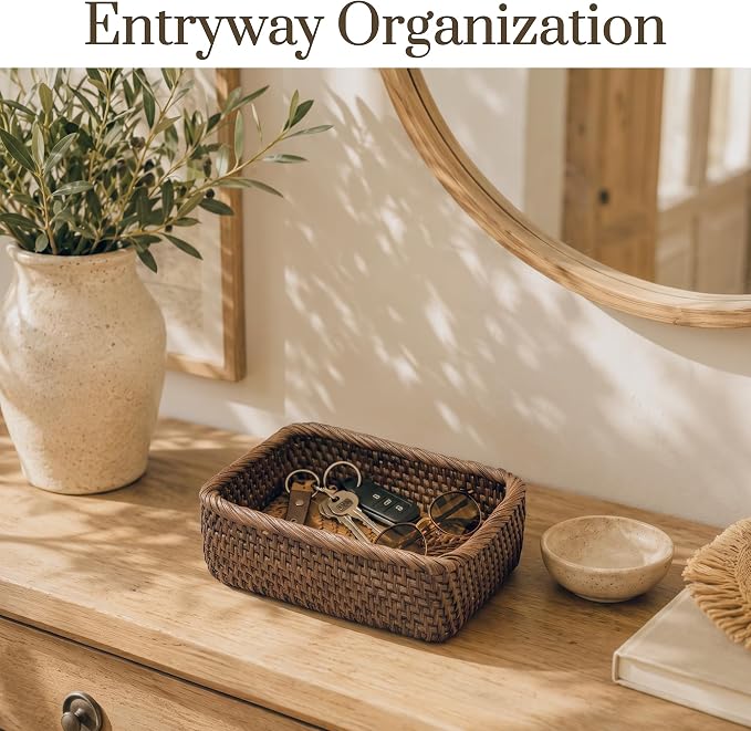 Yangqihome Natural Rattan Storage Baskets, Rectangular Woven Fruit Baskets, Decorative Wicker Basket and Small Baskets for Organizing,Set of 3, (Brown)