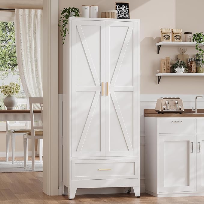 71“H Kitchen Pantry Cabinet with Drawers,Tall Kitchen Pantry Cabinets,Metal Food Storage Cabinets, White Pantry Cabinet with 4 Doors, Large Freestanding Cabinets for Dining Room, Living Room