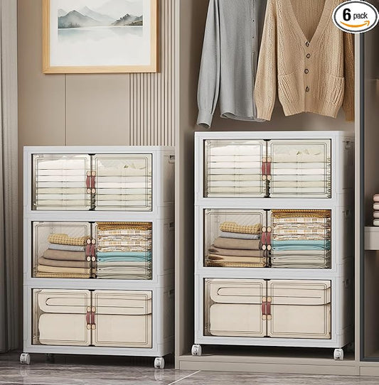 UAMFURI Stackable Storage Bins, 672QT Collapsible Drawers with 2 Lids | Large Capacity, Magnetic Door, Stack Lock, Rolling Wheels, Foldable Design, Organizers and Storage for Bedroom Dorm Garage