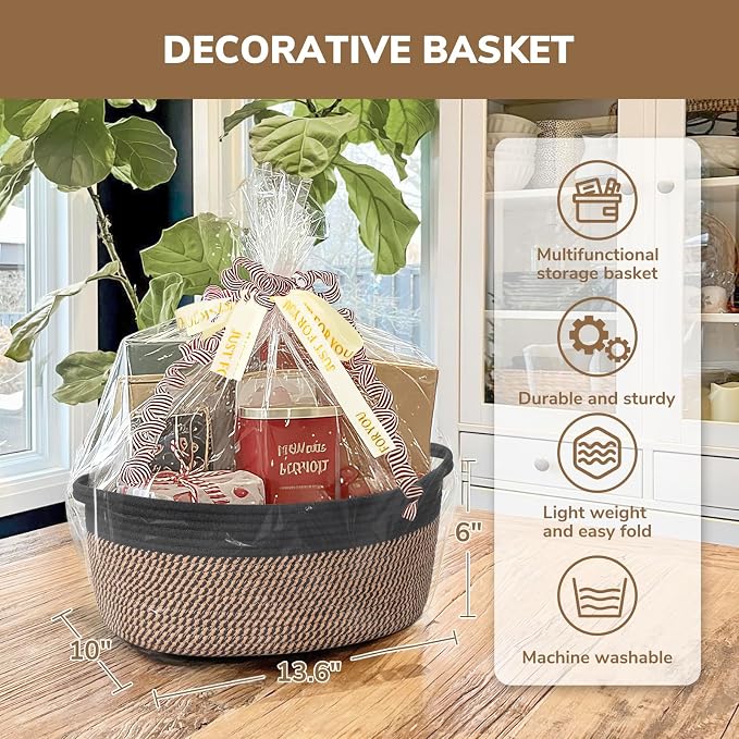 CHICVITA Large Wicker Basket with Bags & Ribbon for Gifts, Black & Jute | 13.6"x 10" x 6" Gift Basket Empty to Fill for Toys Snacks, Rope Baskets for Storage, Cute Basket for Dogs Cats