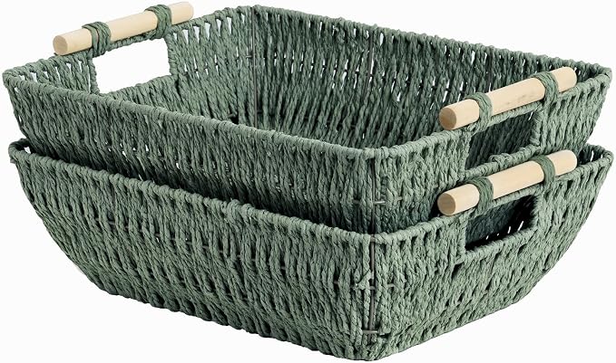 StorageWorks Extra Large Wicker Storage Basket for Organizing with Wooden Handles, Toilet Paper Baskets, Bosana Green, 2-Pack