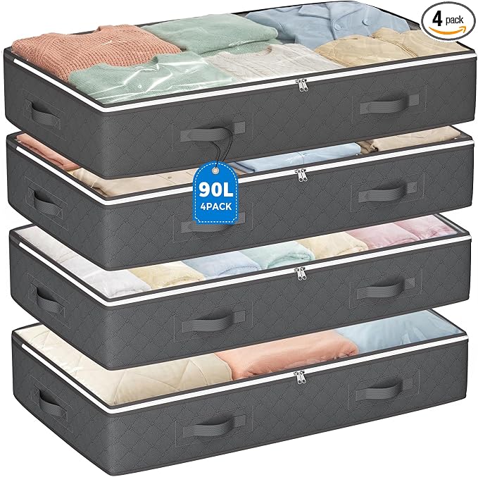 Budding Joy 90L Under Bed Storage Containers, 4 Pack Closet Organizers Grey | Foldable underbed storage bins for linen sheets, blanket, clothing, comforter, sweaters, pillows, wrapping paper