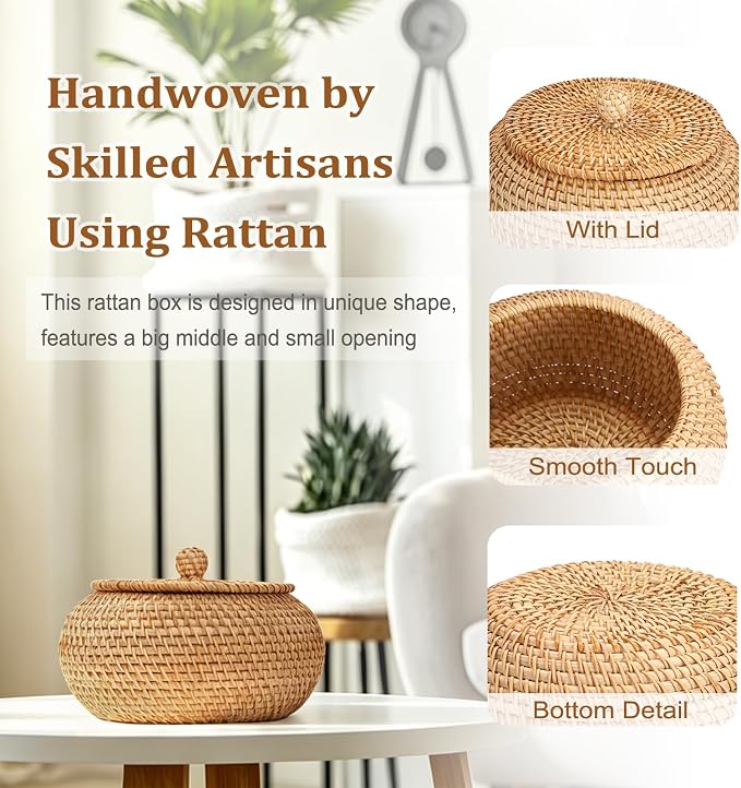 Hipiwe Handwoven Rattan Basket Round Round Wicker Storage Box | Decorative Shelf Baskets Multi-purpose Natural Basket Box for Remote Control Bread Candy Farmhouse Picnic Baskets