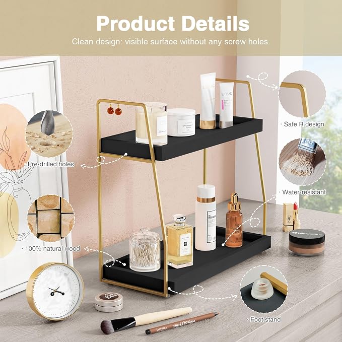 Forbena Black and Gold Bathroom Organizer Countertop, 2 Tier Counter Organizer for Bathroom Decor, Modern Sink Shelf Organizers for Vanity Storage, Make upTray for Makeup Bedroom