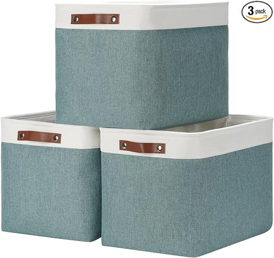 DULLEMELO Large Storage Baskets, Storage Basket with Handles for Shelves, Linen Closet Organizers for Home Office, Decorative Storage Baskets for Toys Storage (3 Pack, White&Deep Green)