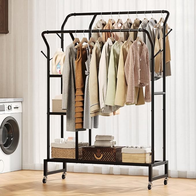 Yoobure Double Rods Clothes Rack - Portable Clothing Rack with Wheels, Rolling Garment Rack with 3-Tier Shelves & 4 Hooks, Freestanding Clothing Racks for Hanging clothes, Coat Rack for Closet Bedroom