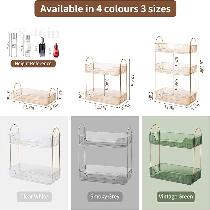 Akinbas 2 Tier Bathroom Organizer Countertop Makeup Perfume Tray Skincare Organizer for Bathroom Dresser Vanity (Gold)