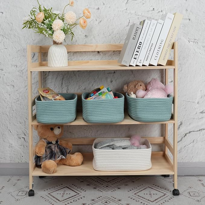 XUANGUO Small Woven Storage Baskets for Shelves, 12" x 8" x 5", Green | Decorative rope storage bins for closets and toy storage; cute organizer baskets, empty gift baskets and nursery storage.