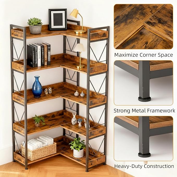 HealSmart 5 Tier L Shape Bookshelf, 65" Corner Bookcase with Hooks and Edge, Industrial Wooden Bookcase with Open Shelves and Metal Frame for Living Room, Bedroom, Home Office, Kitchen, Brown
