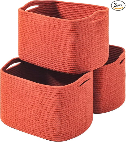 ICERZCZ Storage Baskets for Organizing, Storage Basket for Shelves, Toy Towel Basket for Bathroom Nursery, Woven Cotton Rope Baskets for Decor, 15"x11"x9.5", 3 Packs, Brick Red