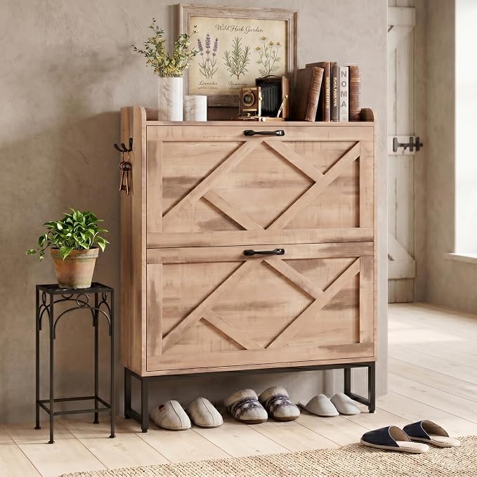 Nicetree Shoe Storage Cabinet with 2 Flip Drawers, Entryway Organizer, Oak | Slim Shoe Cabinet with Metal Legs, Narrow Farmhouse Shoe Organizer for Entryway, Foyer, Hallway, Wood Shoe Rack with Hook