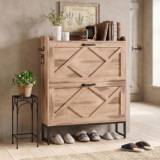 Nicetree Shoe Storage Cabinet with 2 Flip Drawers, Entryway Organizer, Oak | Slim Shoe Cabinet with Metal Legs, Narrow Farmhouse Shoe Organizer for Entryway, Foyer, Hallway, Wood Shoe Rack with Hook