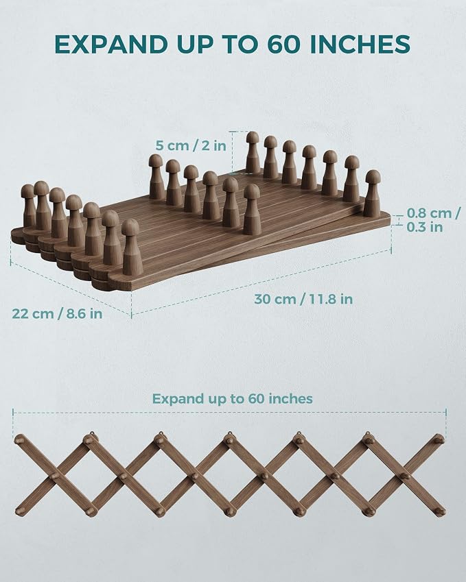 OROPY Accordion Wall Hanger with 20 Pegs, Expandable Wooden Coat & Hat Rack | Walnut Color, Hat Display Rack, X Shape Rack for Coat, Hats, Bags, Baseball Caps, Coffee Mug, Jewelry