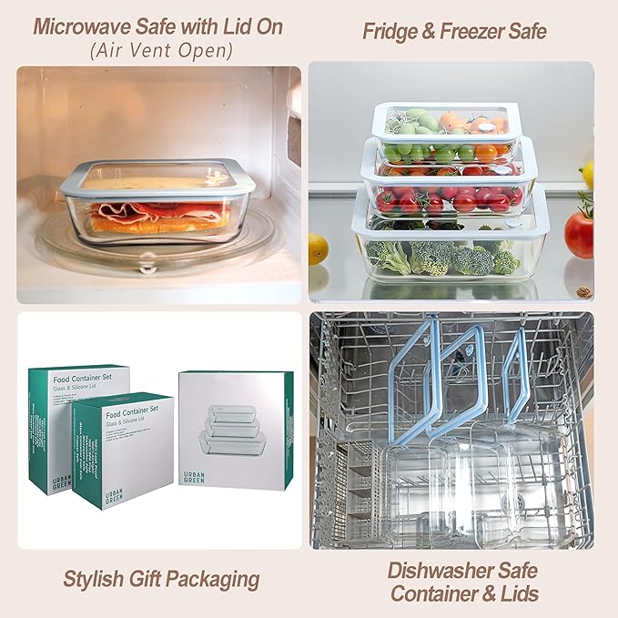 Glass Food Container Set with Glass Lid, 6 Pack, Meal Prep Containers with Silicone Framed Airtight Lid, Leakproof, 100% Plastic Free,