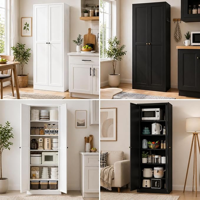 AQY Kitchen Pantry Cabinet,72" Black Pantry Storage Cabinet with 5 Tier Adjustable Shelves and 2 Doors,Freestanding Cupboard,Metal Pantry Cabinets with Handle for Living Room Kitchen Assembly Required